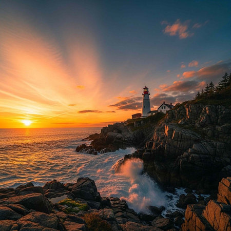 A serene lighthouse stands on a rocky cliffside during a breathtaking sunset over the ocean