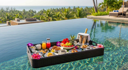 A luxurious breakfast setup on a floating tray in an infinity pool overlooking a tropical paradise