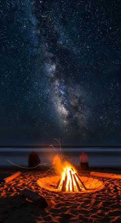 A serene beach scene at night with a campfire burning under a starry sky and the Milky Way visible