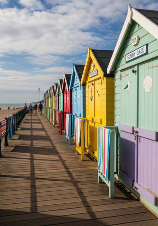 A row of colorful beach huts on a wooden pier under a cloudy blue sky