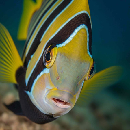 A vibrant fish with striking yellow and black stripes swims in the ocean water.