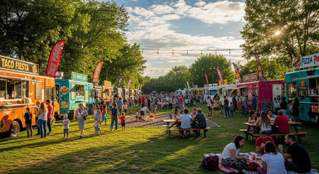 A lively outdoor food festival with people enjoying food trucks and picnic tables in a grassy area