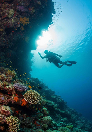 A scuba diver explores a vibrant coral reef teeming with marine life in crystal clear ocean waters.