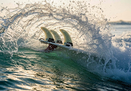 A surfer rides a wave with a white surfboard in the ocean during sunset