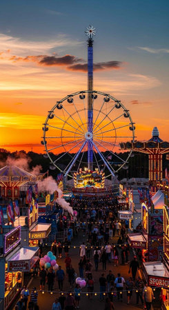 A vibrant Ferris wheel stands tall at a bustling fairground during a stunning sunset eveningの写真素材