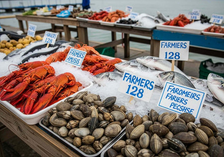 Fresh seafood on display at a bustling outdoor market with lobster clams and fish for sale