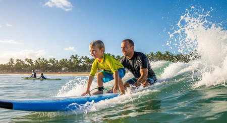 A man and a boy surfing together on a wave in the ocean on a sunny day