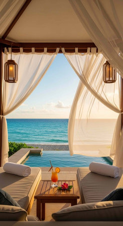 A luxurious poolside cabana with a stunning ocean view at sunset