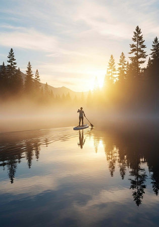 A person paddleboarding on a serene lake at sunrise surrounded by trees and mountains