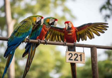 Three colorful parrots perched on a wooden railing with a numbered sign in a natural outdoor setting