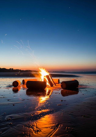 A serene beach scene at sunset with a bonfire burning on the shore