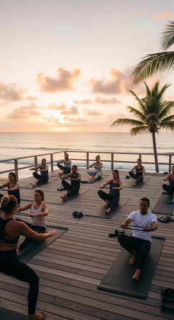 A group of people practicing yoga on a deck overlooking the ocean at sunrise or sunset