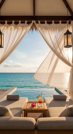 A serene oceanfront lounge area with a pool and comfortable seating at sunsetの写真素材