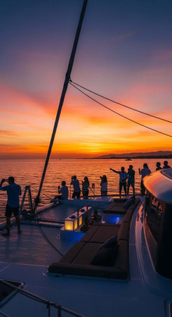 People enjoying a vibrant sunset on a luxurious yacht in the middle of the ocean