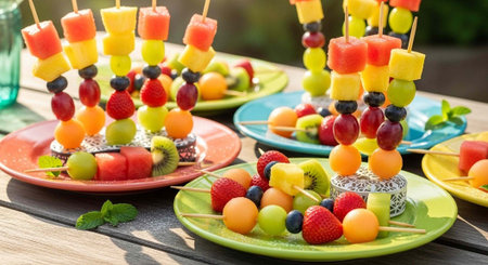 A colorful arrangement of fresh fruit skewers on plates outdoorsの写真素材