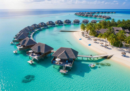 A luxurious tropical island resort with overwater bungalows and a pristine white sand beach