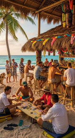 A group of friends enjoy a beachside bar with a thatched roof and colorful decorations at sunset