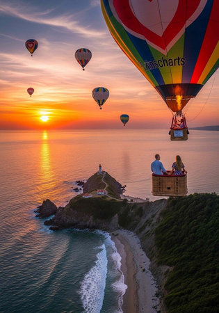 A couple enjoys a romantic hot air balloon ride over the ocean at sunset with a stunning view