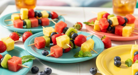 A colorful arrangement of fruit skewers on plates with blueberries and mint leaves on a white tableの写真素材
