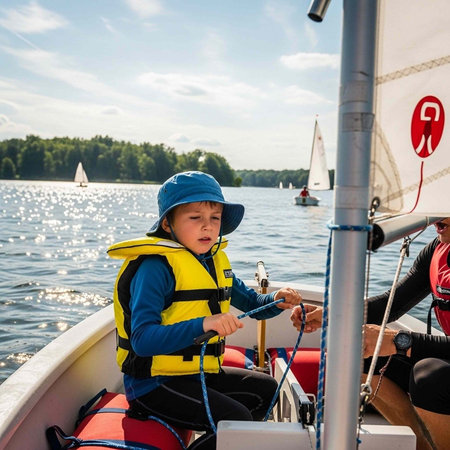 A young boy sailing on a lake with a adult, enjoying a sunny day with a beautiful skyの写真素材