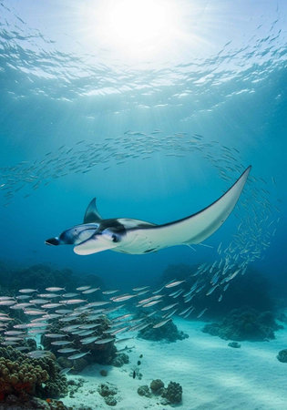 A majestic manta ray swims through a school of small fish in the clear blue ocean water.