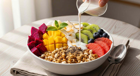 A hand pouring milk into a bowl of oatmeal with fresh fruit and granola on a table