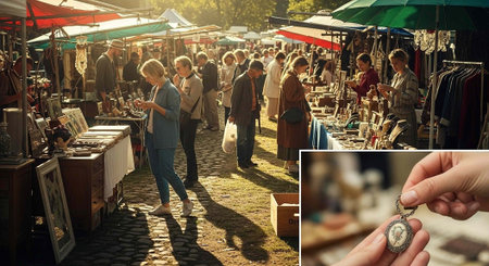 A bustling outdoor market filled with people shopping for vintage items and unique treasures on a...