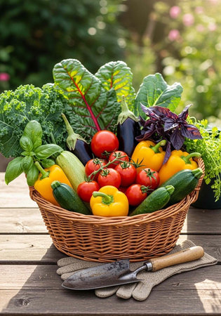 A wicker basket filled with fresh vegetables and gardening tools on a wooden table in a garden