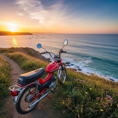 A red motorcycle parked on a dirt path overlooking a serene ocean at sunset with vibrant wildflowers