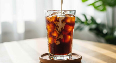 A glass of iced coffee on a wooden table with cream being poured into it
