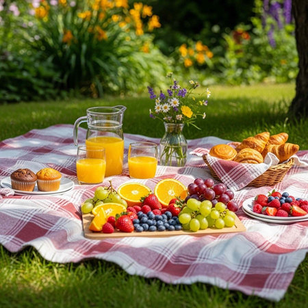 A vibrant picnic setup on a red and white plaid blanket in a lush green garden with colorful flowersの写真素材