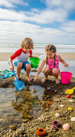 Two young children playing together on a beach with buckets and shovels in a sunny outdoor setting