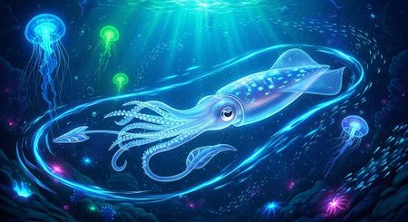 A large squid swims surrounded by jellyfish, emitting blue glow in dark underwater scene with...