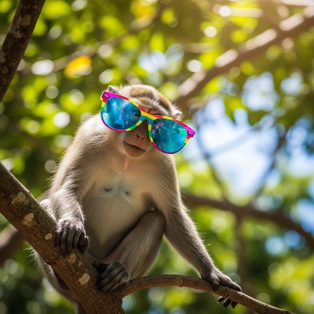 A monkey with sunglasses sits on a tree branch, surrounded by green leaves and bright sunlight...