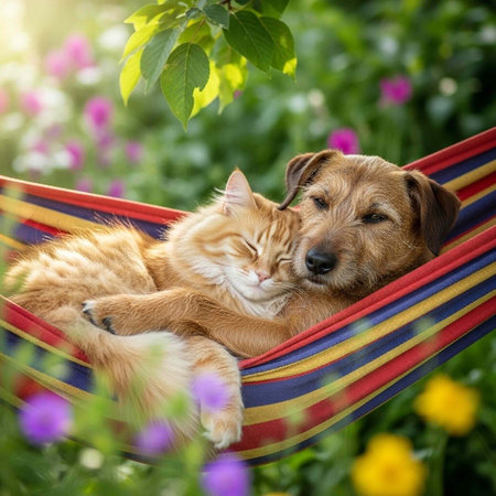 Dog and cat resting together in a striped hammock surrounded by flowers and greenery