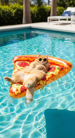 A light-brown cat relaxes on a colorful pizza-print float in a clear blue pool
