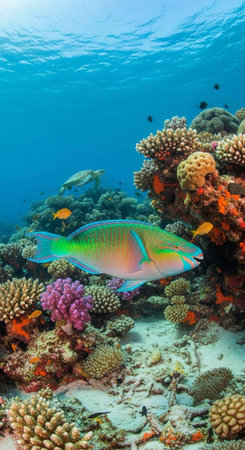Colorful fish swim near coral reef with diverse marine life and textures underwater in clear blue...
