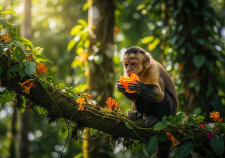 A monkey eats an orange fruit while sitting on a tree branch with green leaves and orange flowers