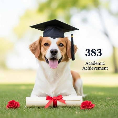 A dog in a graduation cap lies on grass with a diploma and red roses, symbolizing academic success.