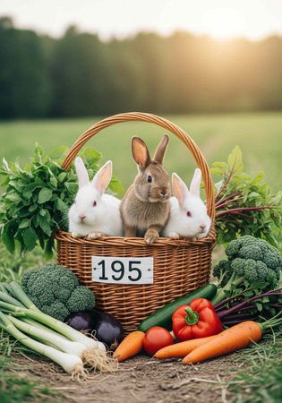 Three cute rabbits sit in a brown basket with fresh vegetables and greens on the ground