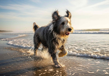 A happy dog with shaggy fur runs on the beach with waves and water splashing around its paws.