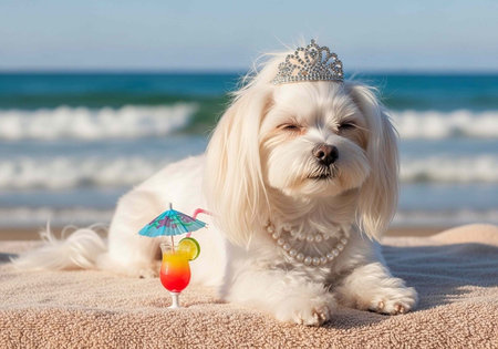 Small white dog in tiara and pearls lies on sand with cocktail and umbrella by ocean