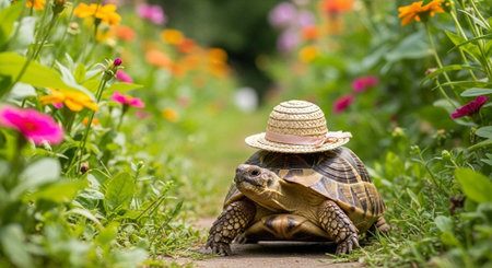 A tortoise in a straw hat walks on a garden path lined with lush greenery and colorful flowers.の写真素材
