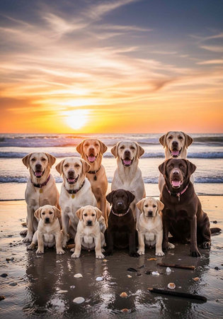 Nine labrador retriever dogs of various colors sit on wet beach at sunset with ocean waves