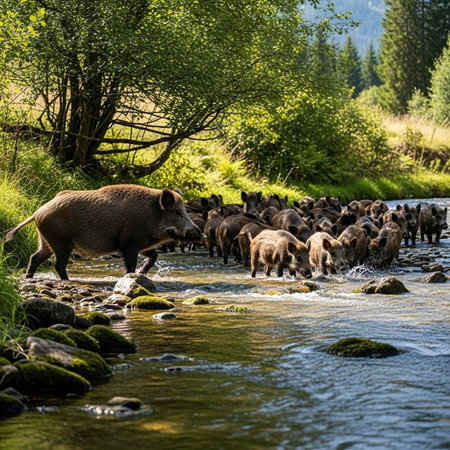 Boar and piglets crossing stream with rocks, surrounded by trees and grass