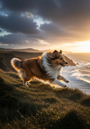 A collie dog runs on a grassy hillside with a cloudy sky and sunset over the ocean.の写真素材