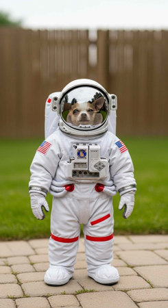 Dog wearing white astronaut suit with red accents and American flag patches on a brick pathwayの写真素材