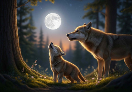 Wolves standing on grassy hill, howling at moon, surrounded by trees and wildflowers at dusk