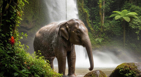Elephant wet under waterfall, surrounded by greenery, rocks, and tropical plants in a misty forest