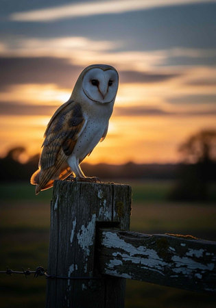 Barn owl sitting on weathered fence post with peeling paint against colorful sunsetの写真素材